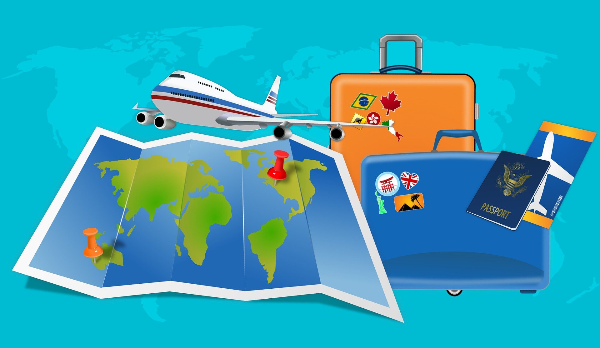 Image of a map, plane, luggage, and passport